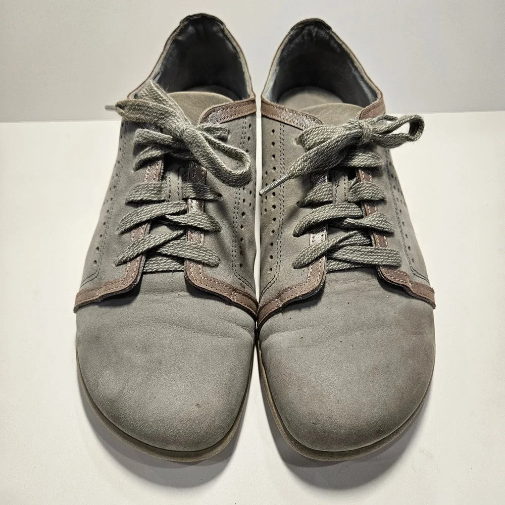 Naot Avena Grey Nubuck Leather Lace Up Walking Shoes Womens 39 Metallic Trim 8